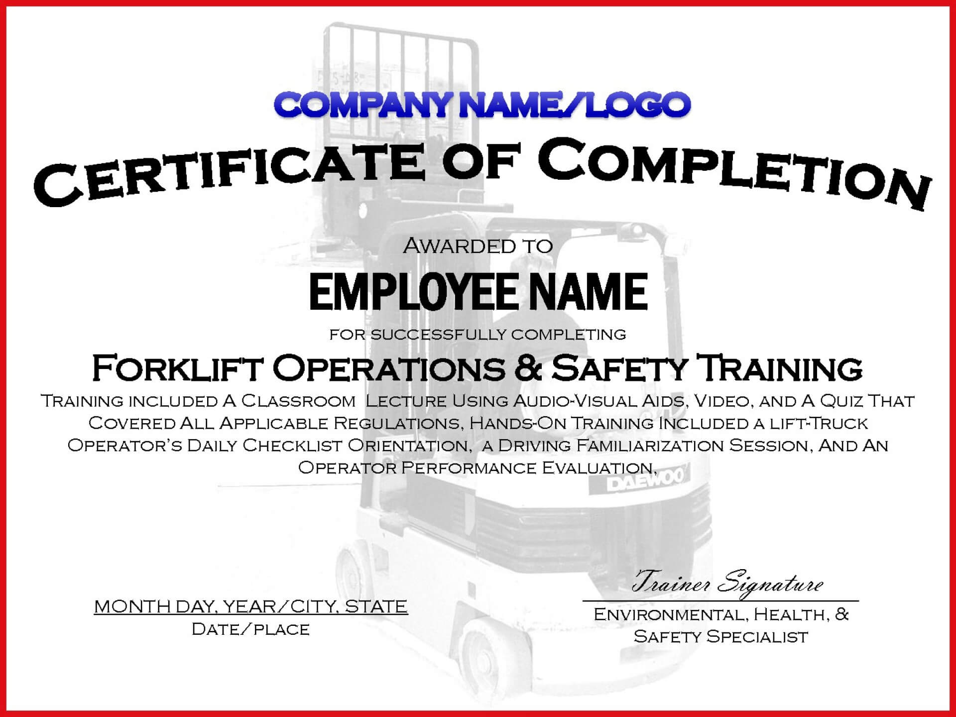 001 Template Ideas Forklift Truck Training Certificate Free In Forklift Certification Template