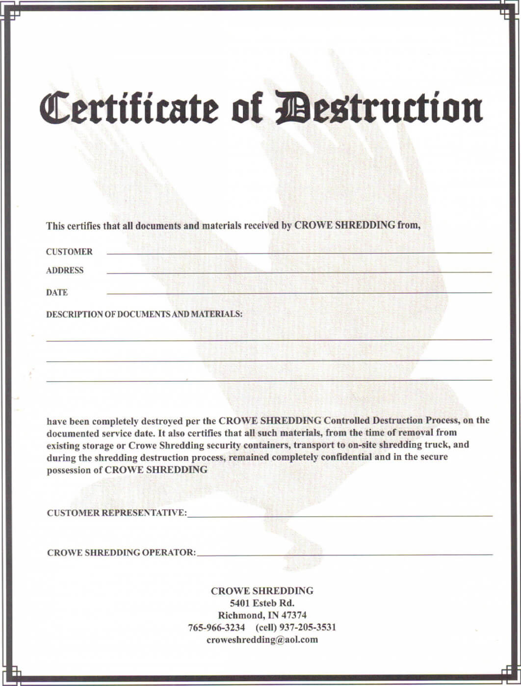 004 Certificate Of Destruction Template Free Form In Free Certificate Of Destruction Template