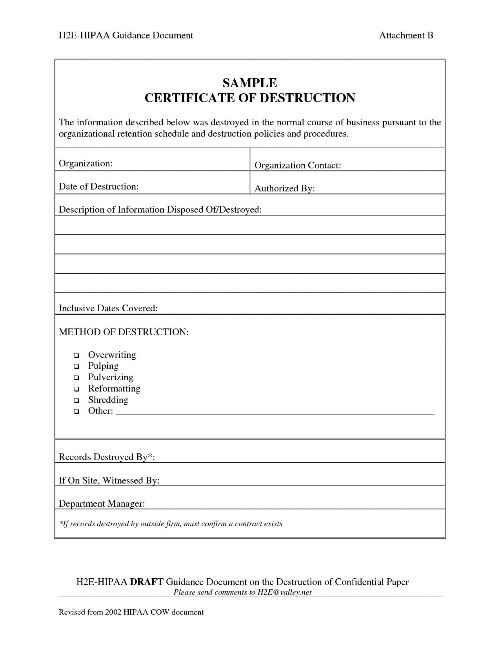 005 Certificate Of Destruction Template Ideas Exceptional Intended For Certificate Of Disposal Template