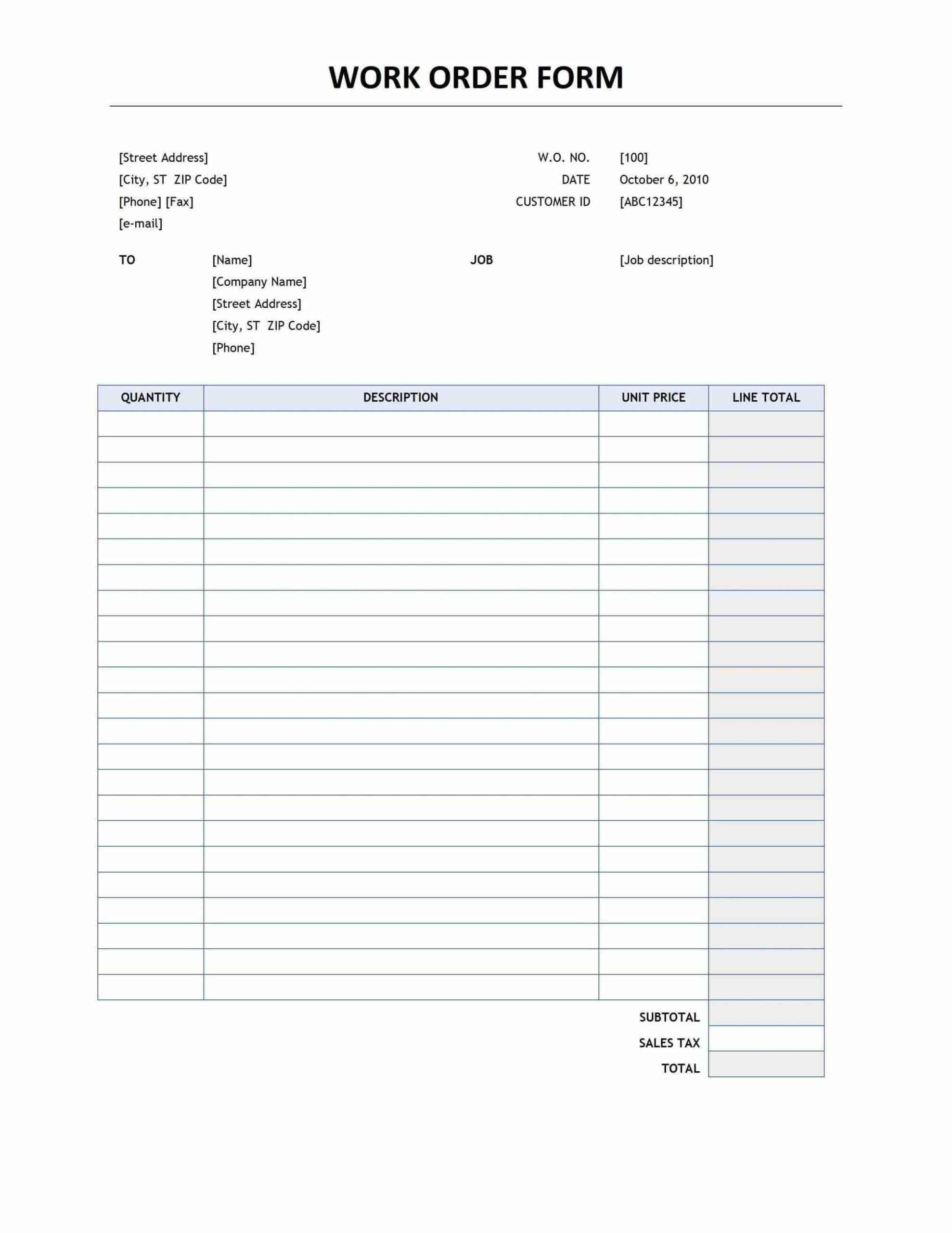 010 Template Ideas Work Order Forms Singular Excel With Mechanic Job Card Template