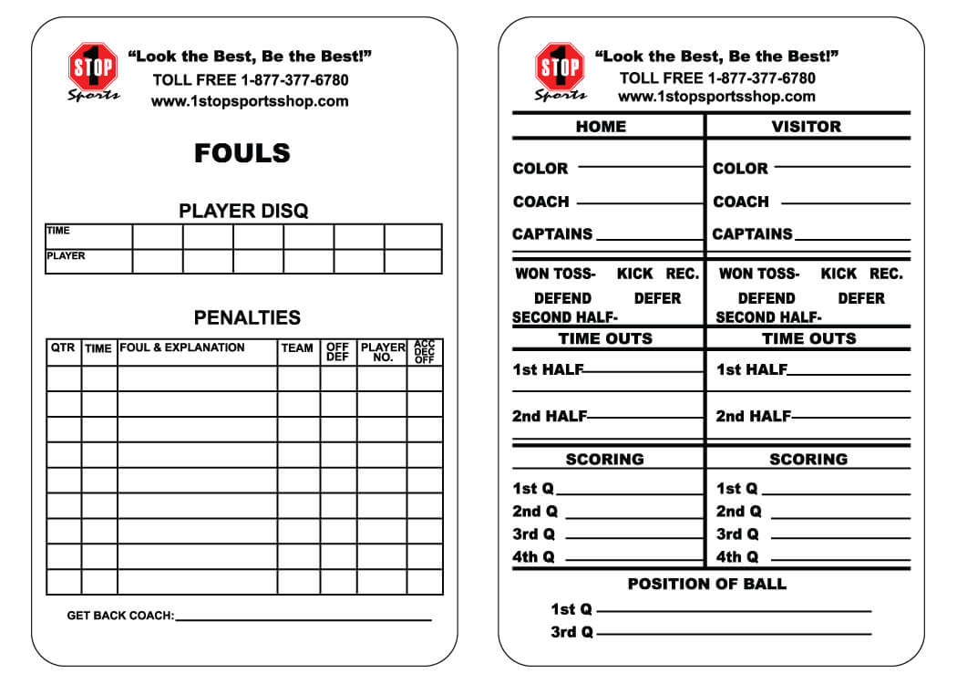 1 Stop Sports Reusable Football Game Card - 1 Stop Sports Intended For Soccer Referee Game Card Template
