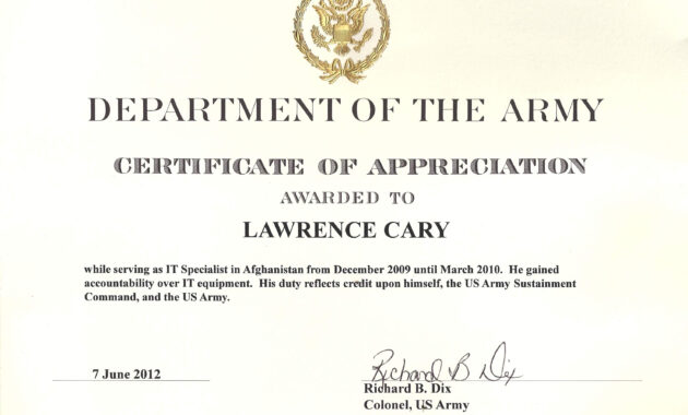 Army Certificate Of Appreciation Template