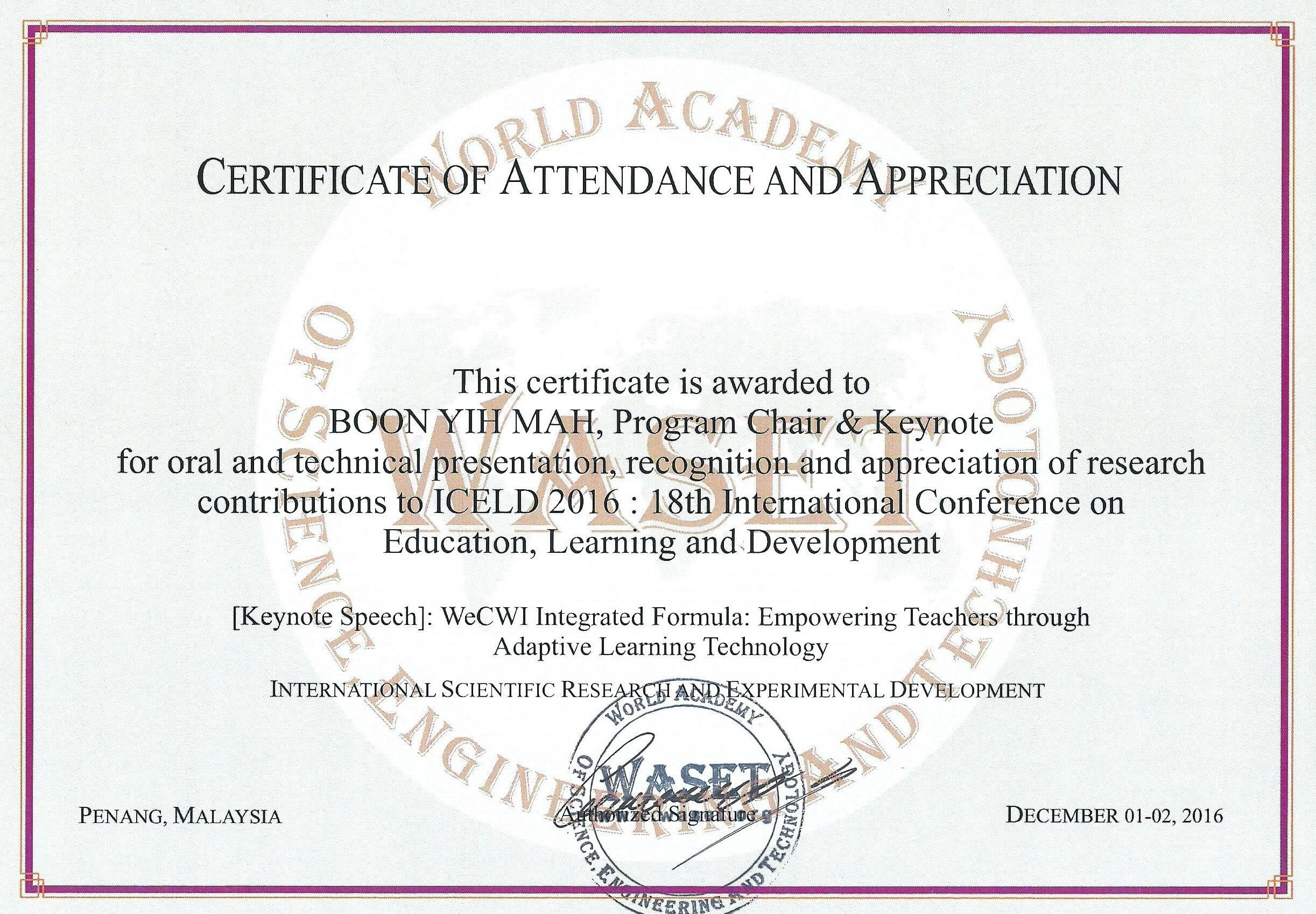 18Th International Conference On Education, Learning And With Conference Certificate Of Attendance Template