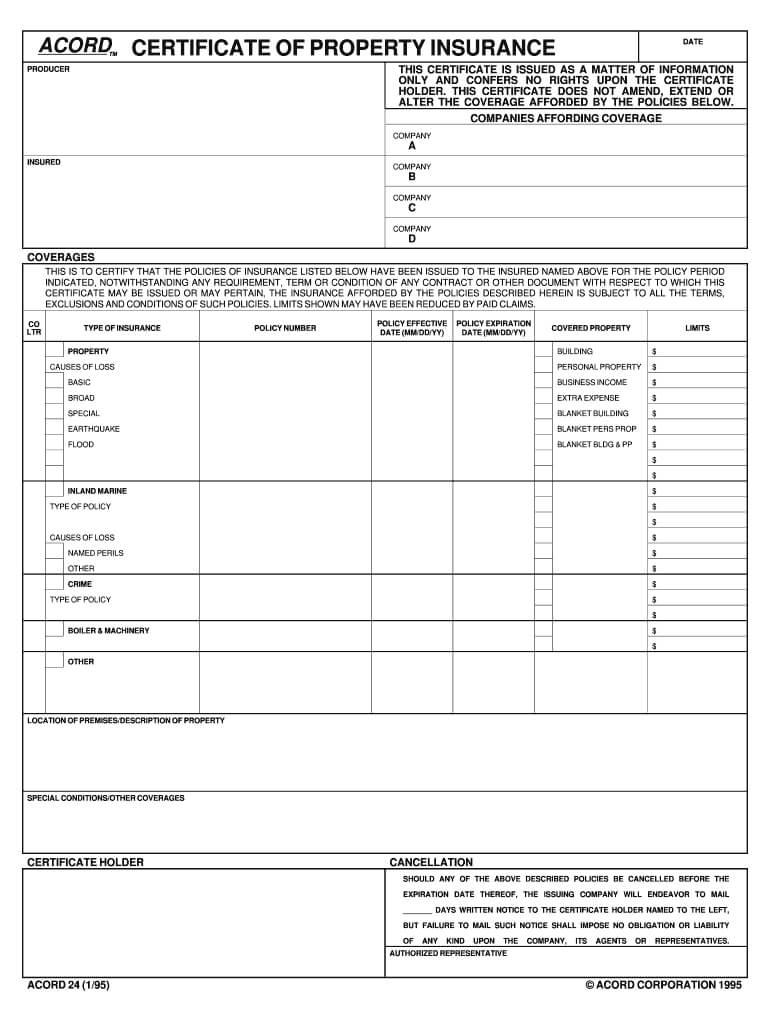 1995 Form Acord 24 Fill Online, Printable, Fillable, Blank With Acord Insurance Certificate Template