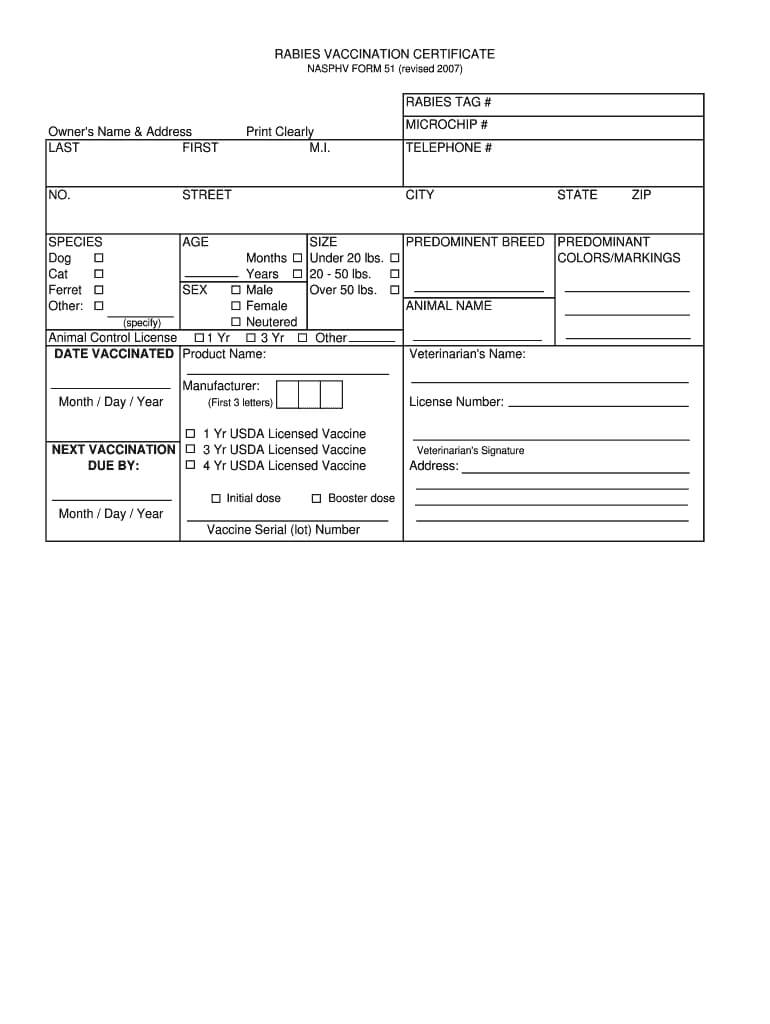 2007 2020 Cdc Nasphv Form 51 Fill Online, Printable With Rabies Vaccine Certificate Template