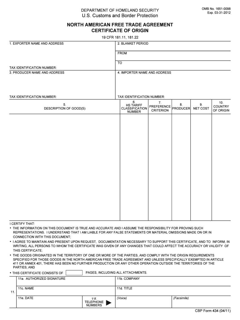 2011 Form Cbp 434 Fill Online, Printable, Fillable, Blank Intended For Nafta Certificate Template