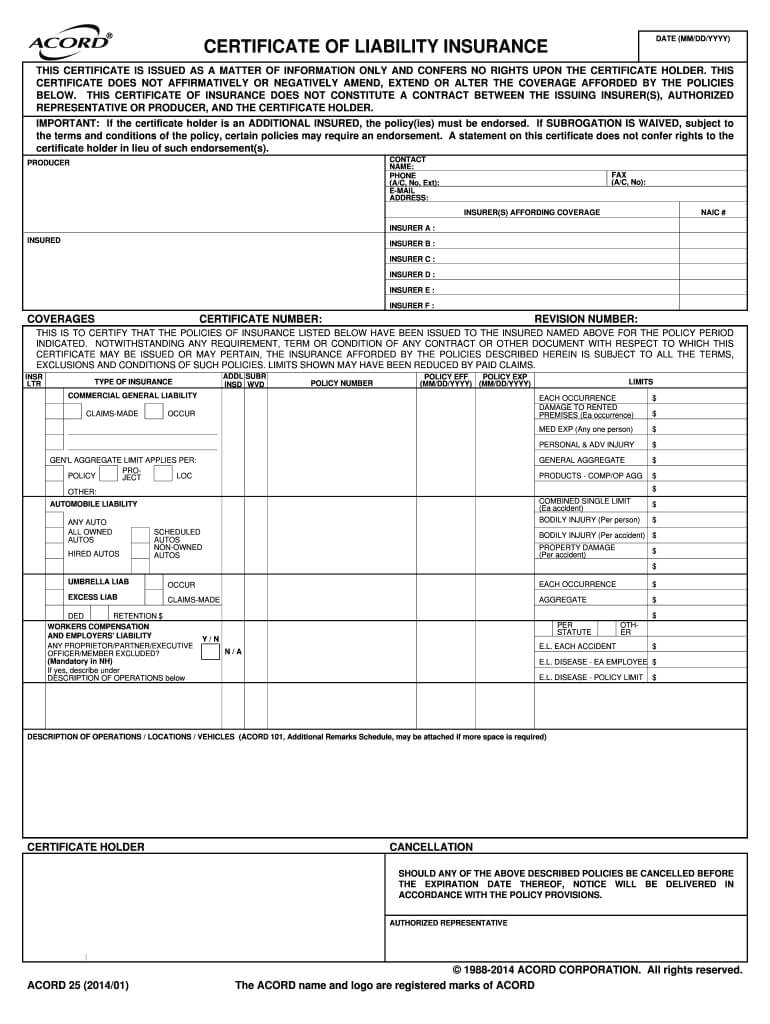 2014 2020 Form Acord 25 Fill Online, Printable, Fillable Throughout Certificate Of Liability Insurance Template