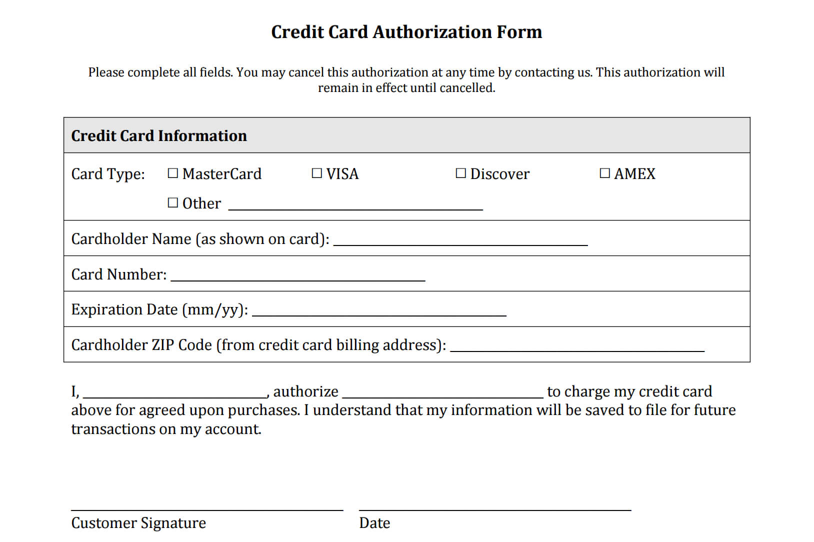 21+ Credit Card Authorization Form Template Pdf Fillable 2019!! For Customer Information Card Template