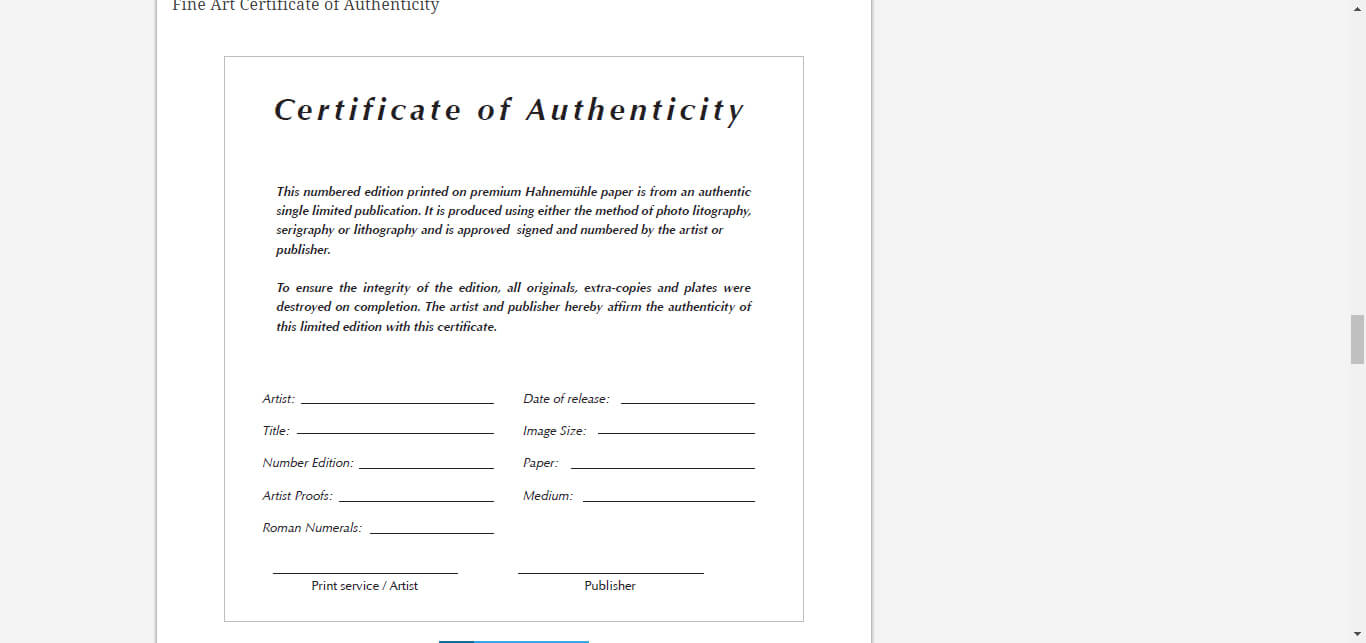 8 Certificate Of Authenticity Templates – Free Samples For Certificate Of Authenticity Photography Template