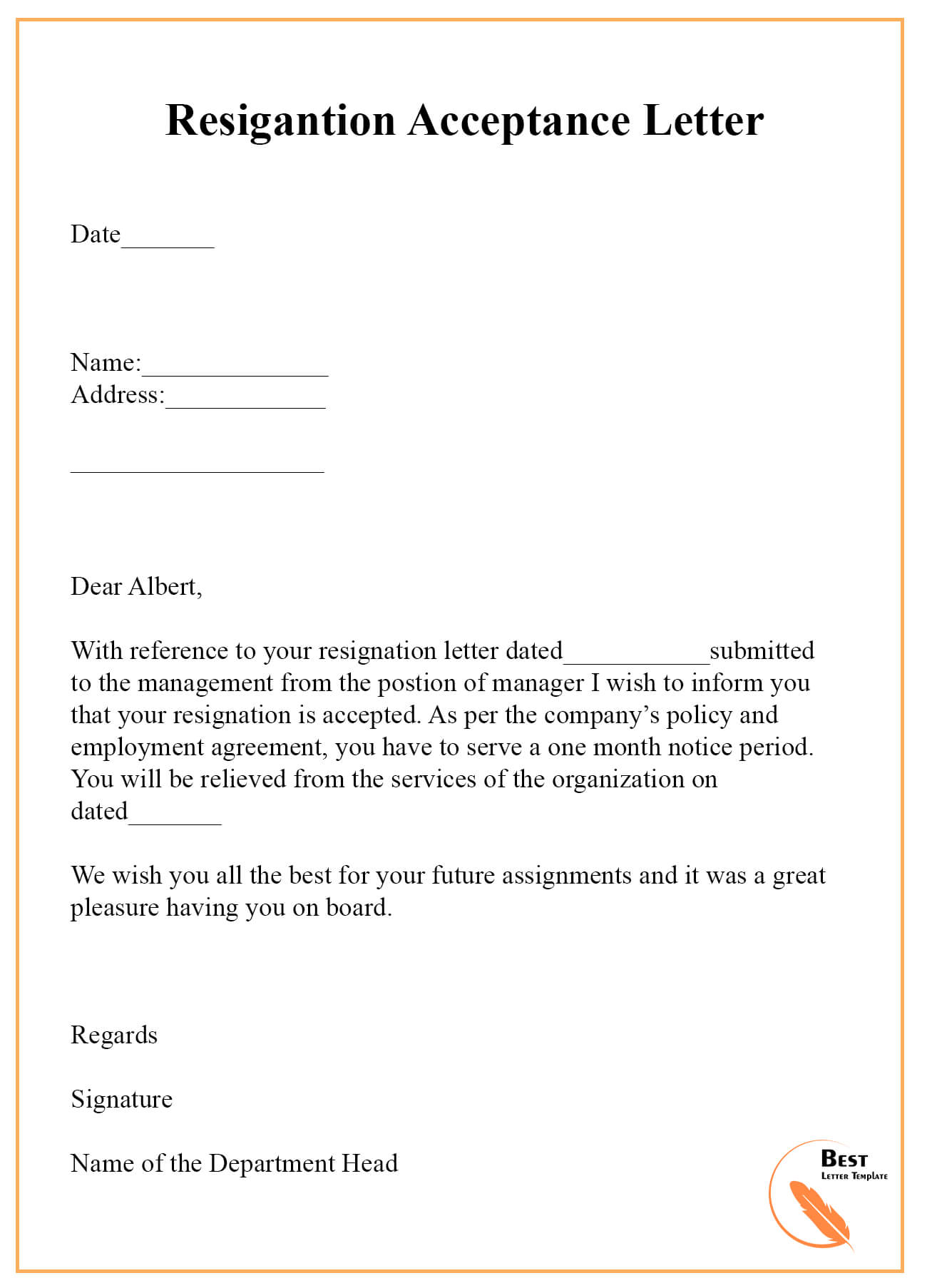 9+ Resignation Acceptance Letter Template [Examples With Regard To Certificate Of Acceptance Template