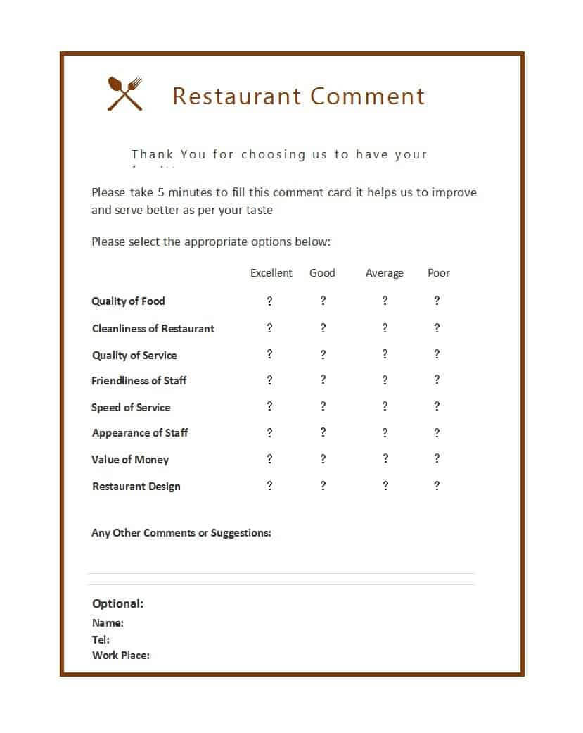 9 Restaurant Comment Card Templates – Free Sample Templates With Regard To Survey Card Template