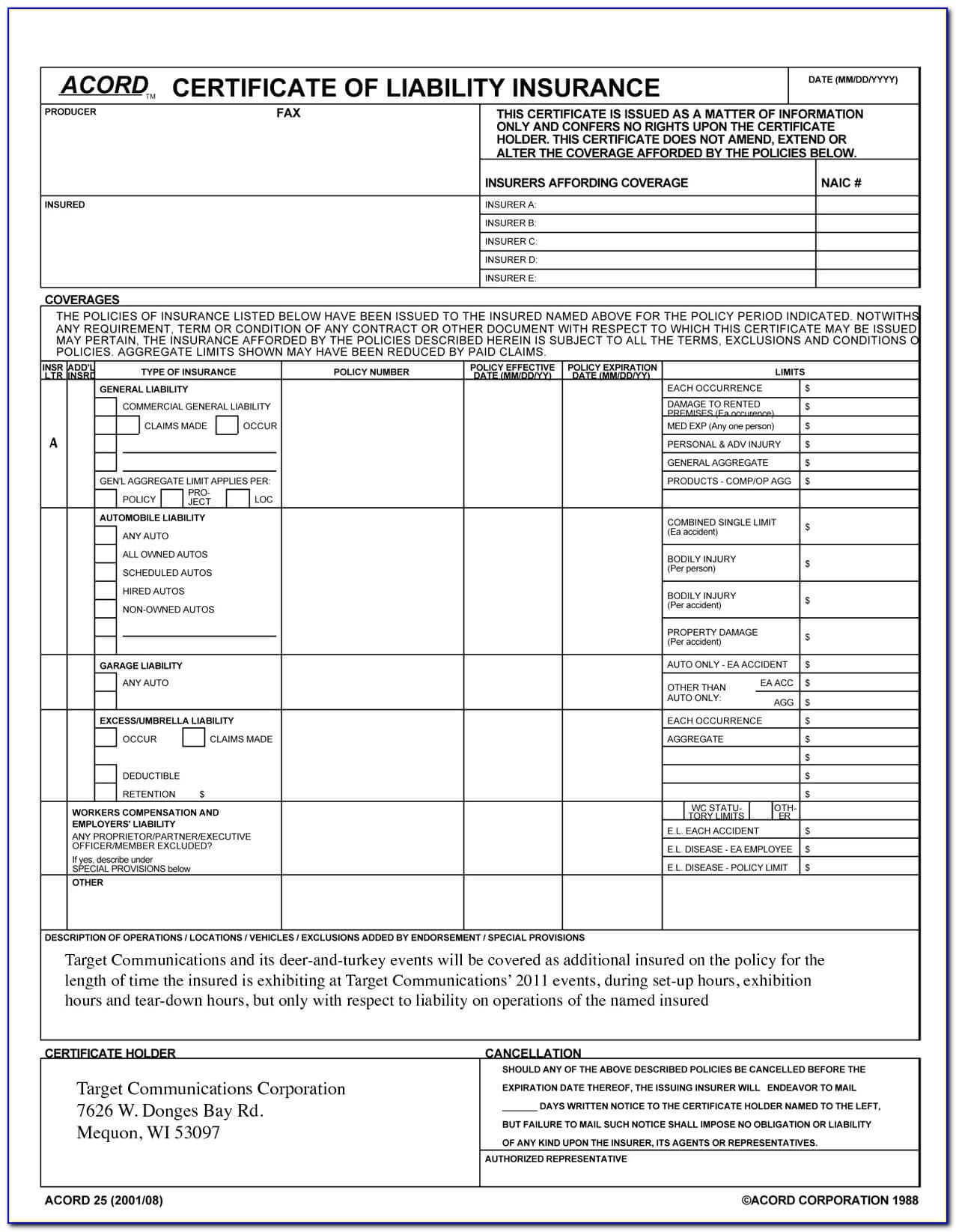 Acord Certificate Of Liability Insurance Template Top With Regard To Certificate Of Liability Insurance Template