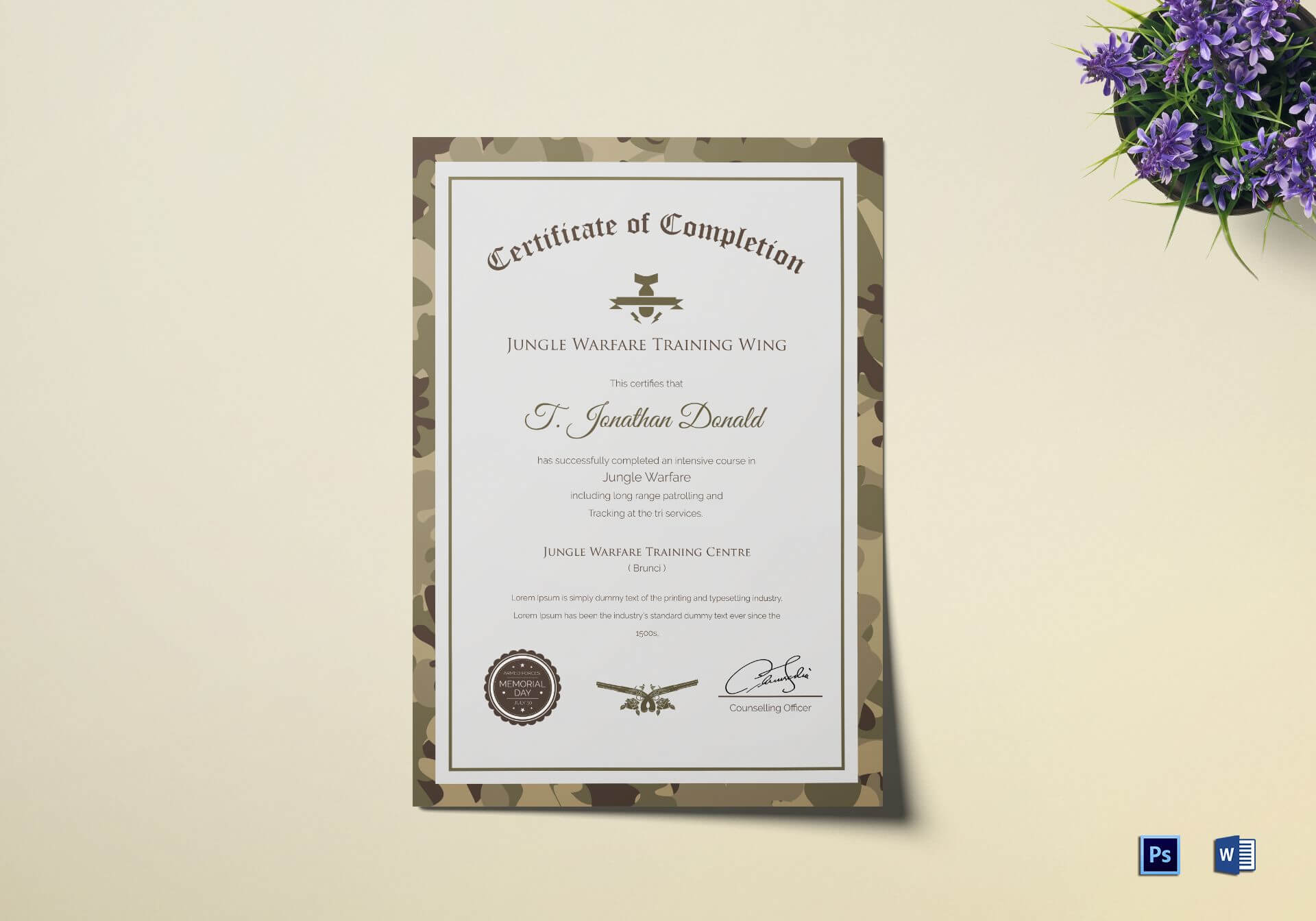 Army Camo Training Completion Certificate Template Regarding Army Certificate Of Completion Template