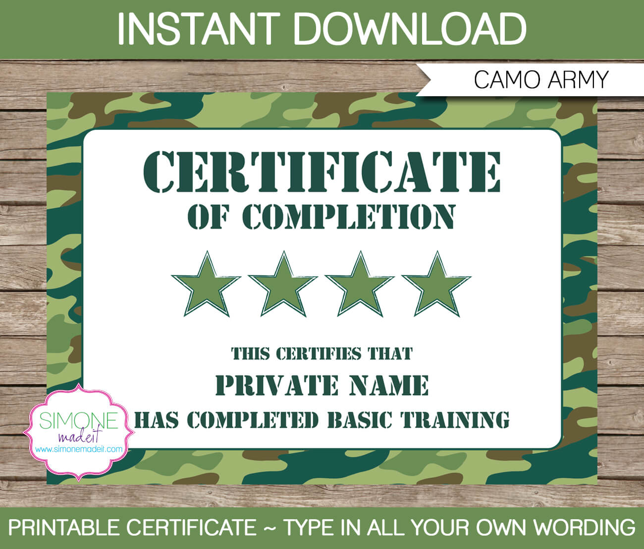 Army Party Printables, Invitations & Decorations – Camo Regarding Boot Camp Certificate Template