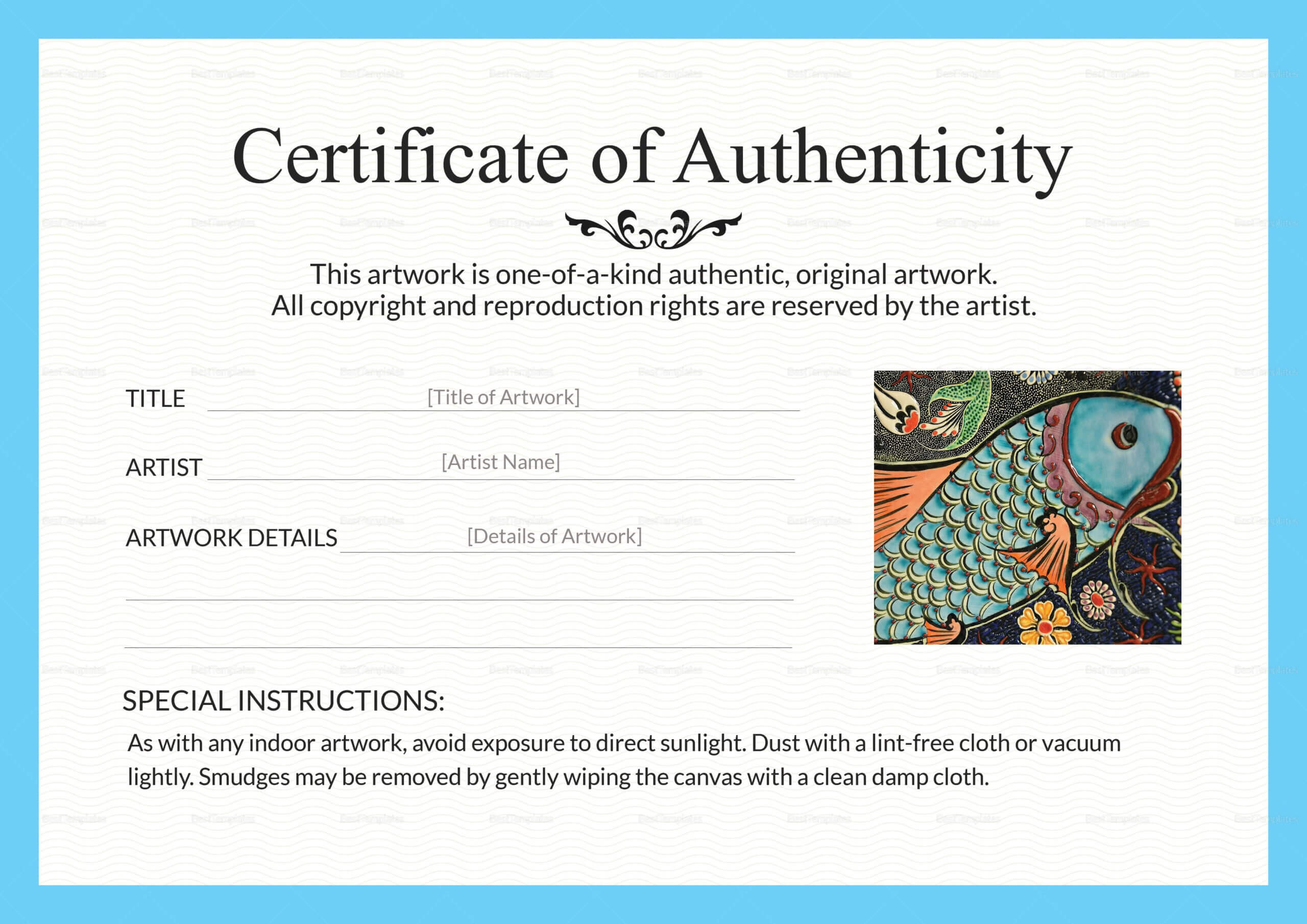 Artwork Authenticity Certificate Template In 2020 In Art Certificate Template Free