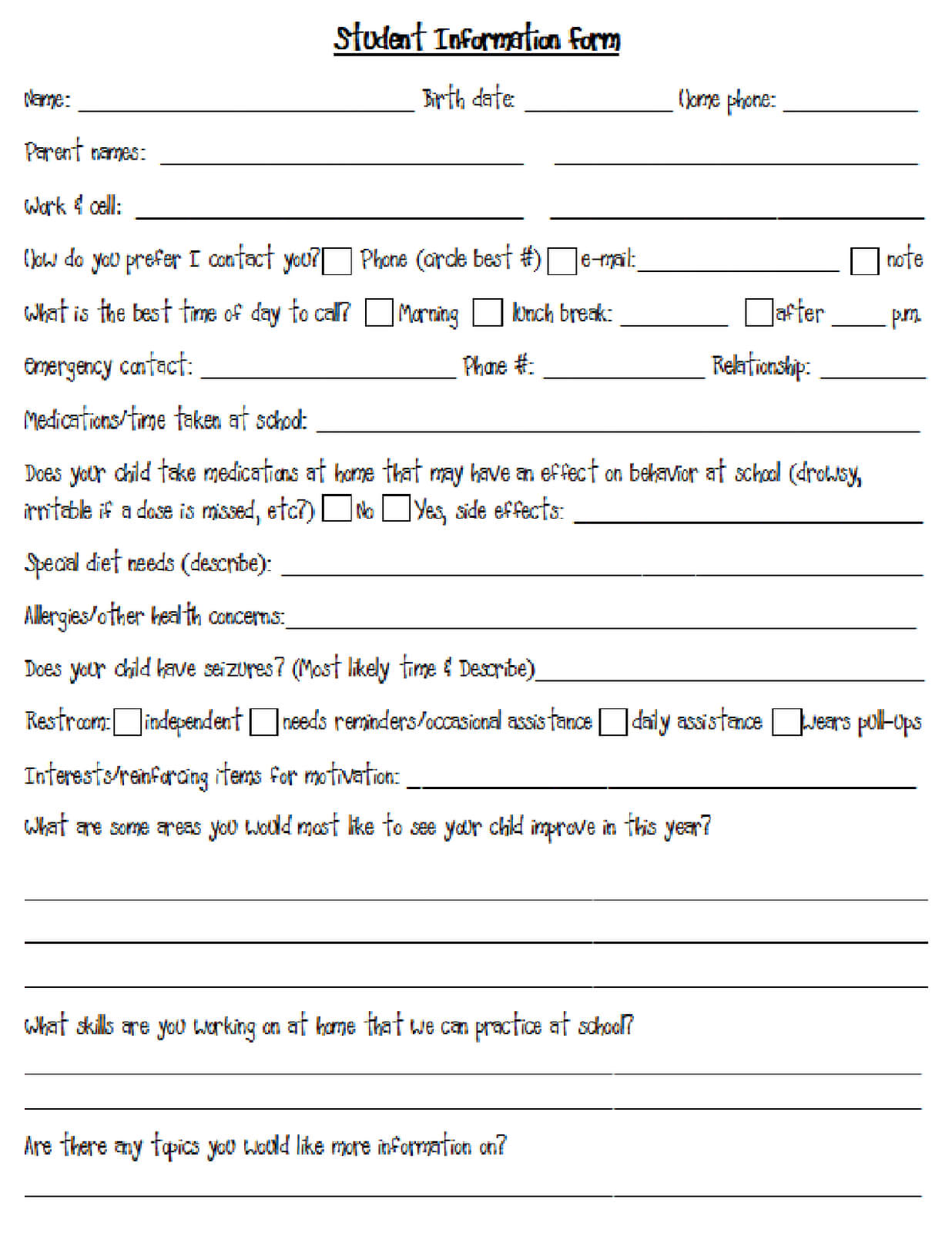 Back To School Student Information Form For Special Ed With Student Information Card Template