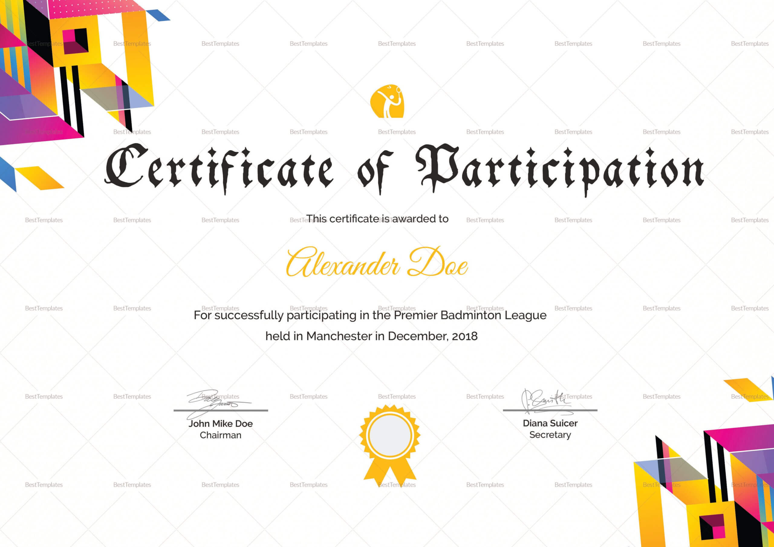 Badminton Participation Certificate Template | Certificate Throughout Basketball Camp Certificate Template