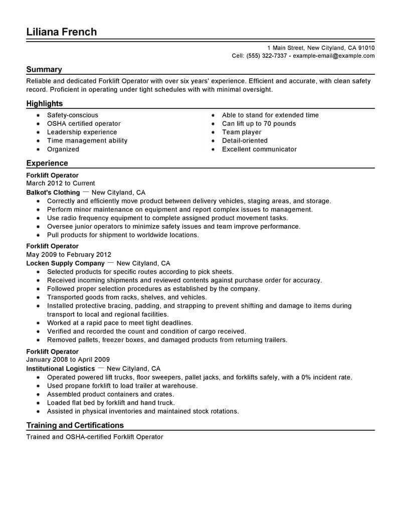 Best Forklift Operator Resume Example | Livecareer With Regard To Forklift Certification Template