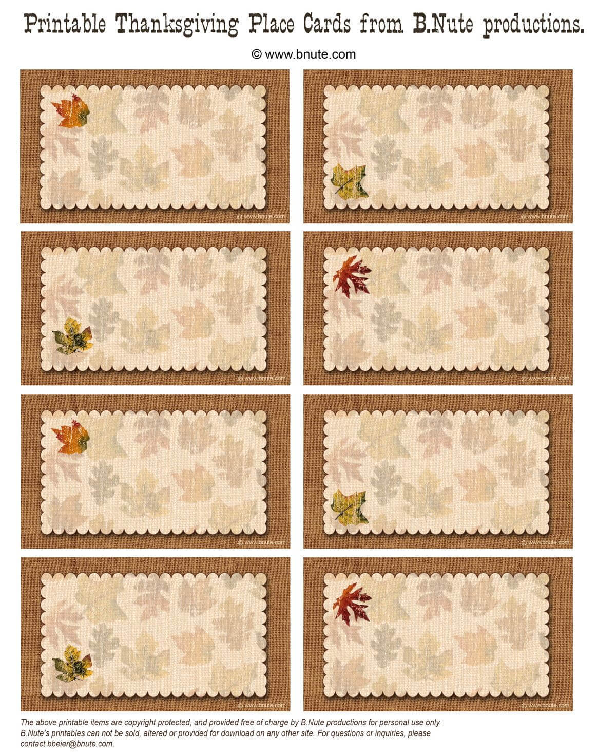 Bnute Productions: Free Printable Autumn Place Cards Perfect In Thanksgiving Place Cards Template
