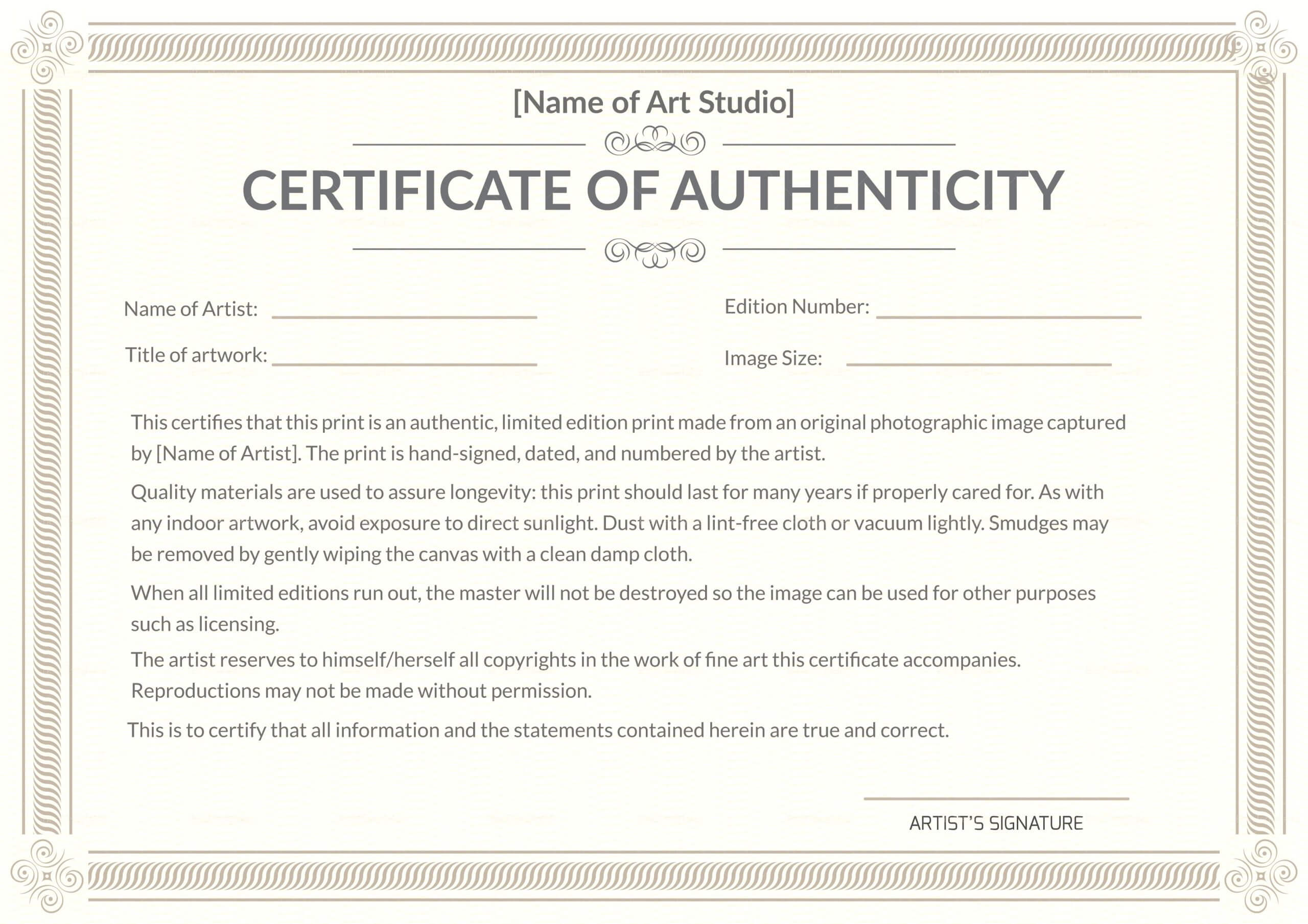 Certificate Of Authenticity Template Photoshop Fine Art Free With Regard To Certificate Of Authenticity Photography Template