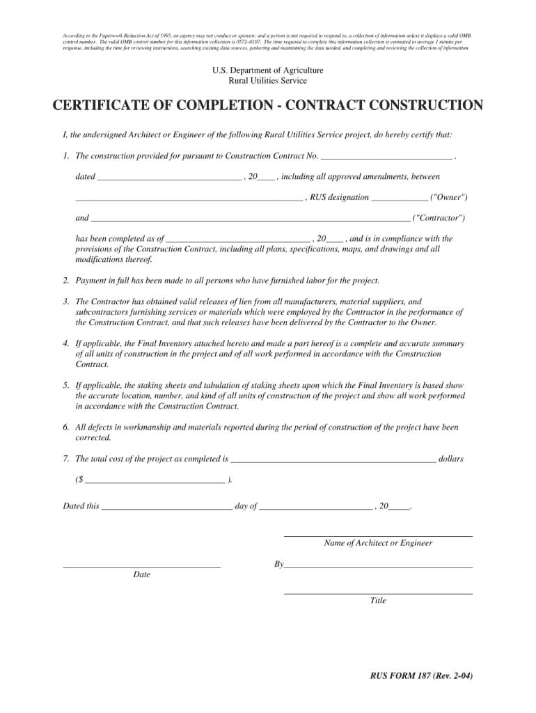 Certificate Of Completion Construction Pdf – Fill Online Regarding Certificate Of Substantial Completion Template