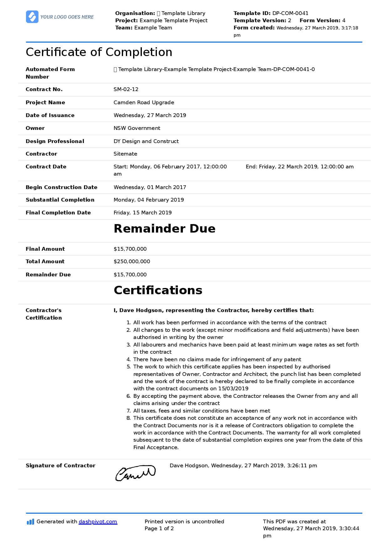Certificate Of Completion For Construction (Free Template + With Certificate Of Completion Construction Templates
