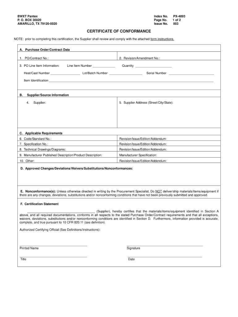 Certificate Of Conformance Template – Fill Online, Printable In Certificate Of Conformity Template Free