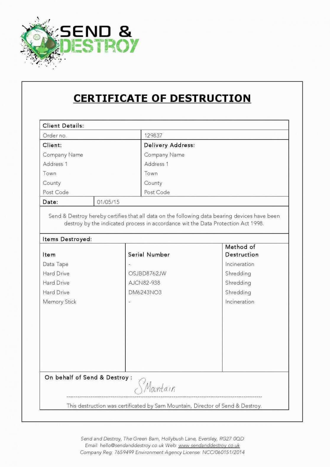 Certificate Of Destruction Template Word For Destruction Certificate Template