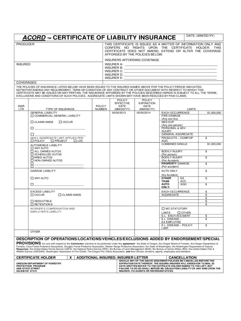 Certificate Of Liability Insurance Form – 5 Free Templates Within Certificate Of Liability Insurance Template