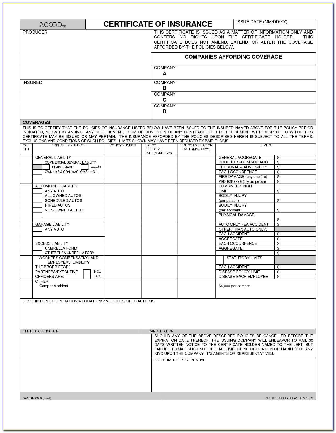 Certificate Of Liability Insurance Form Acord 25 – Form Inside Certificate Of Liability Insurance Template
