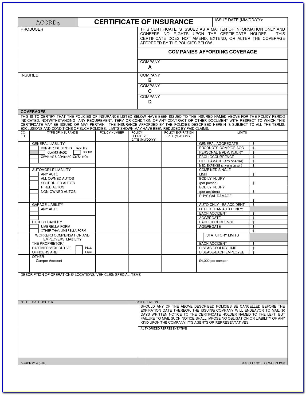 Certificate Of Liability Insurance Form Acord 25 – Form Within Acord Insurance Certificate Template