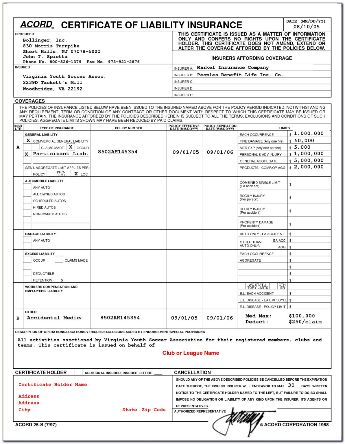 Certificate Of Liability Insurance Template