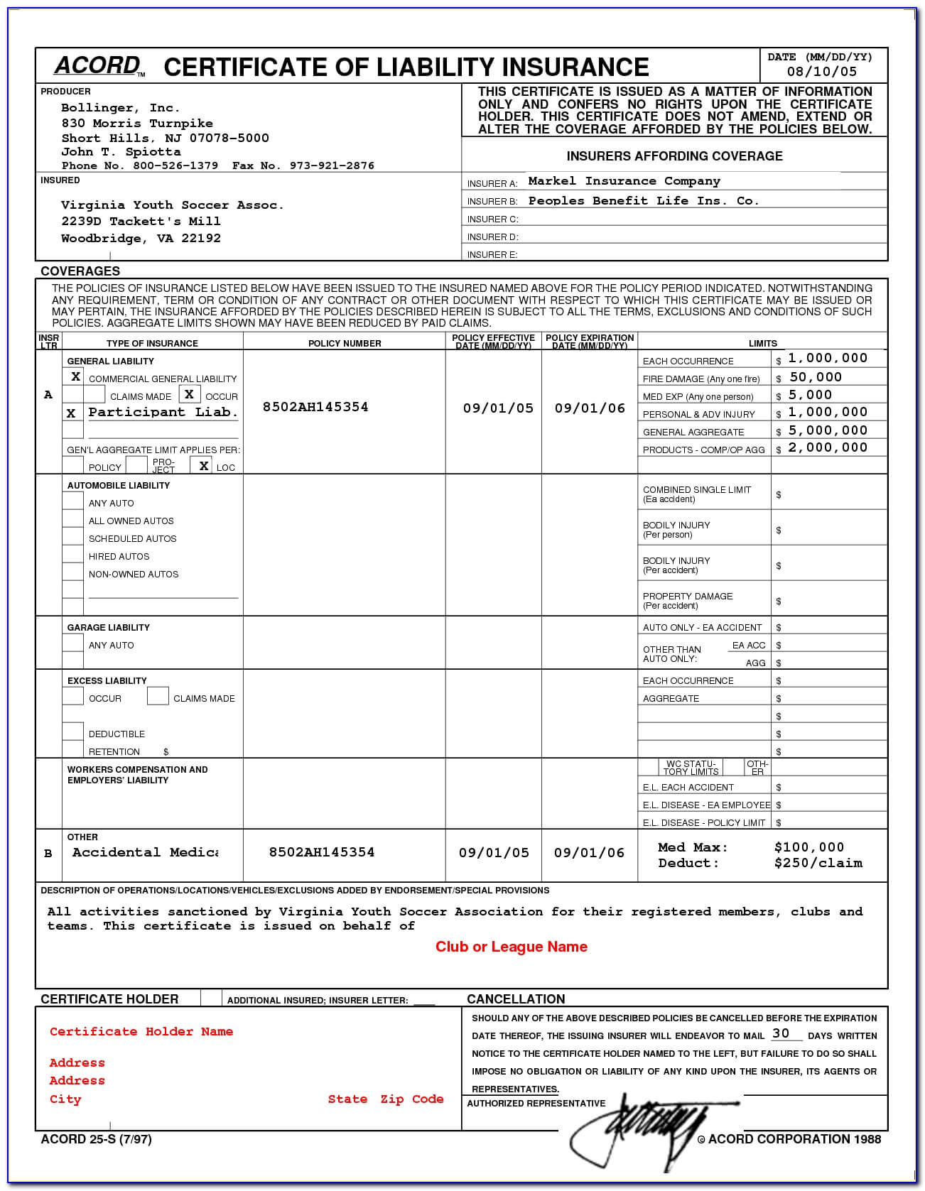 Certificate Of Liability Insurance Form Fillable – Form Throughout Acord Insurance Certificate Template