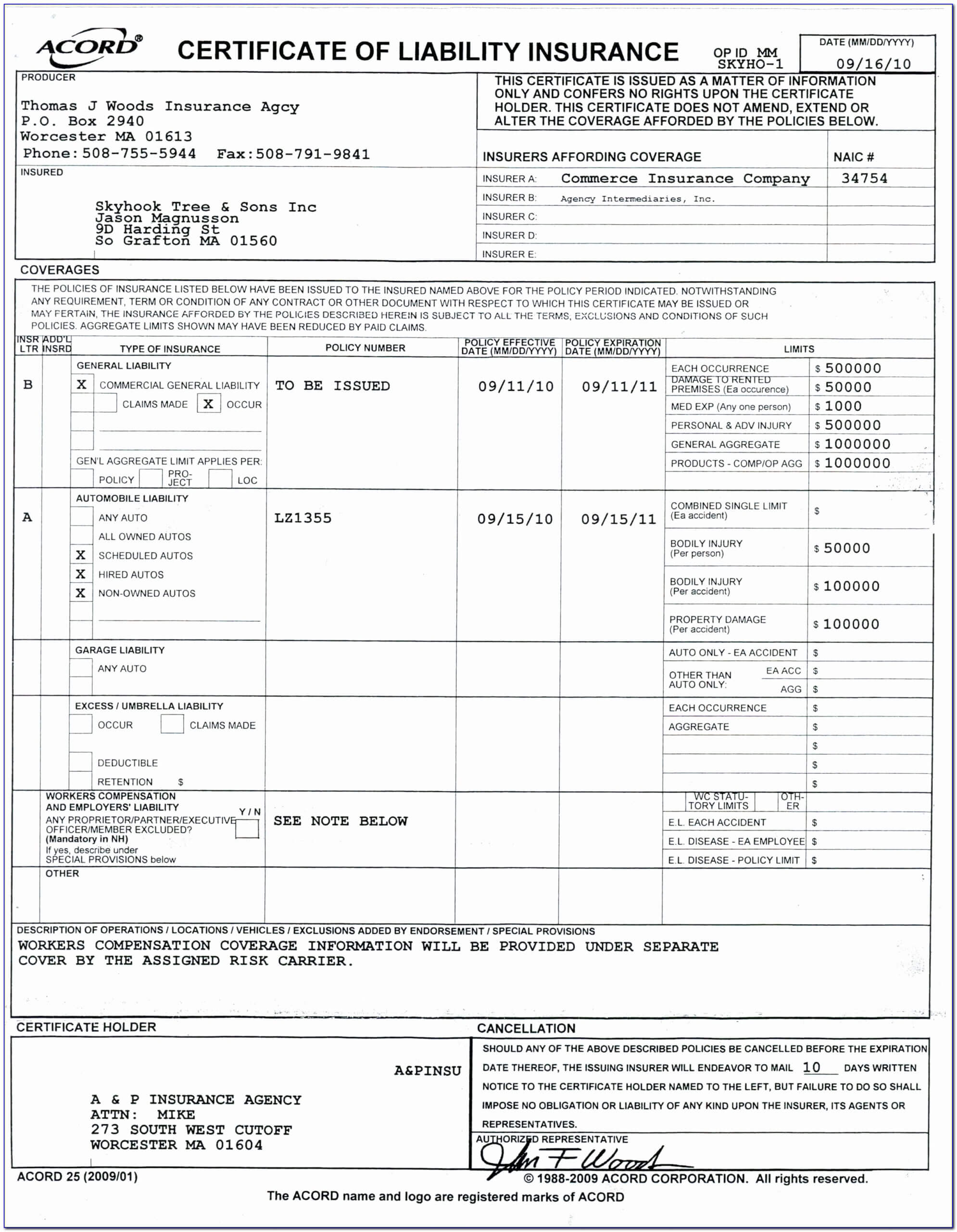 Certificate Of Liability Insurance Form Fillable Regarding Certificate Of Insurance Template