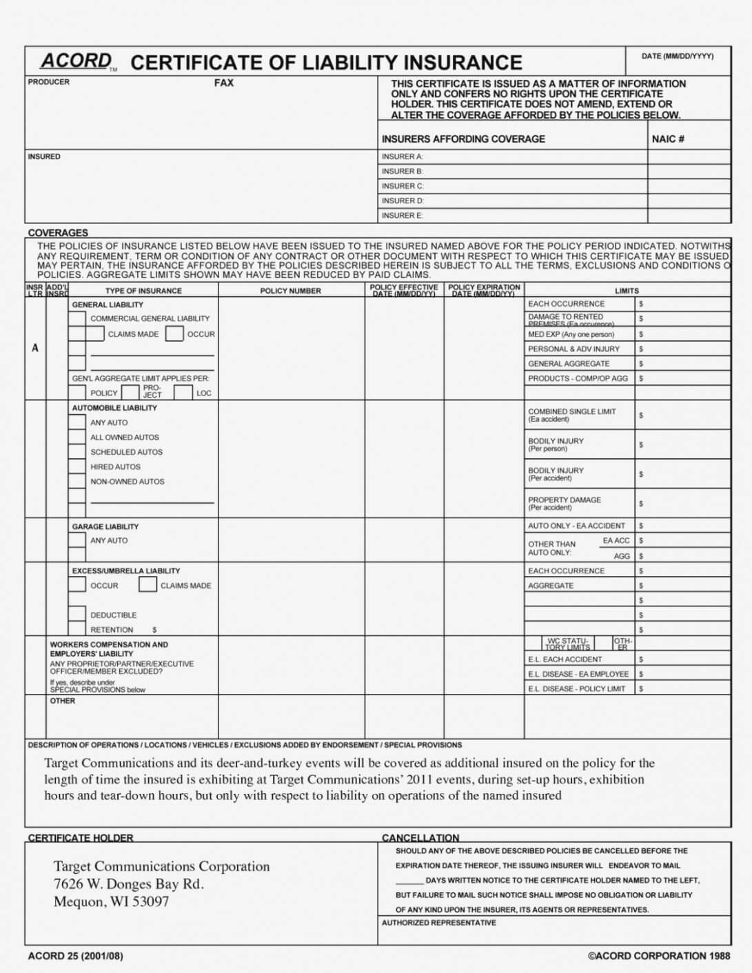 Certificate Of Liability Insurance Template In Acord Insurance Certificate Template