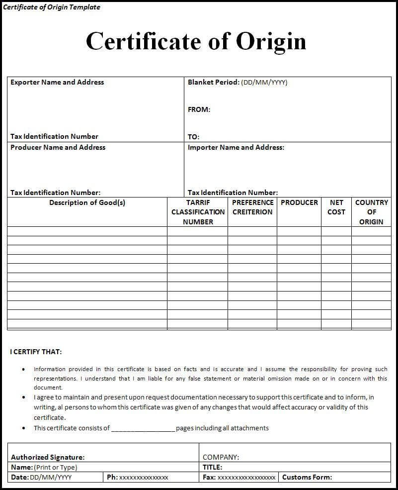 Certificate Of Origin Form | Certificate Of Origin, The For Certificate Of Origin Form Template