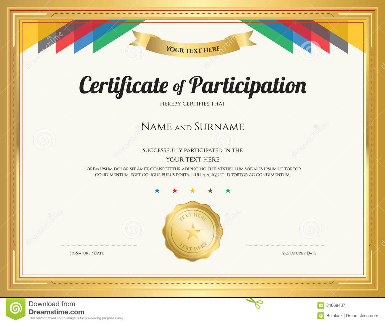 Certificate Of Participation Template With Gold Border Stock For Sample Certificate Of Participation Template