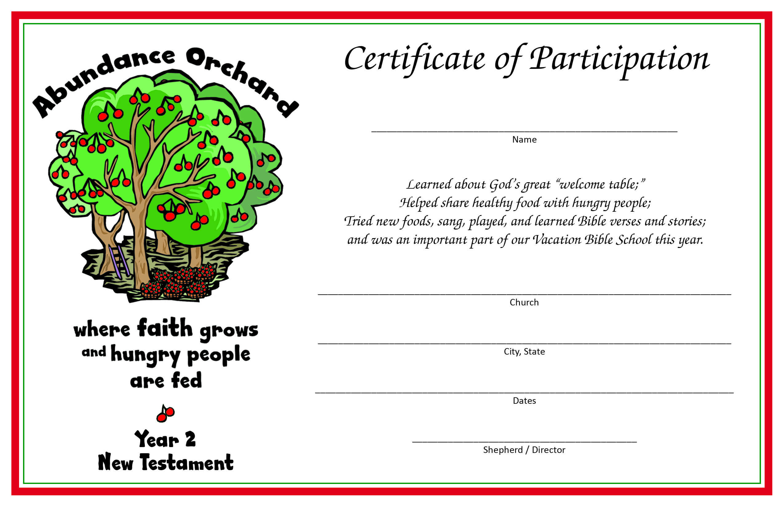 Certificate Of Participation – Year 2 (New Testament); Print Within Free Vbs Certificate Templates