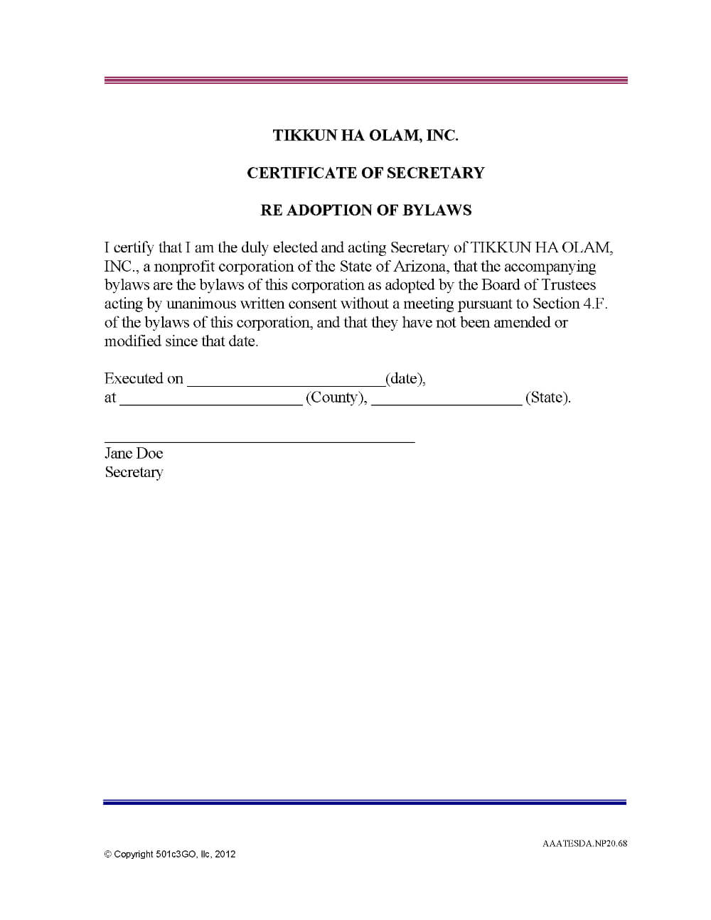 Certificate Of Secretary Re Adoption Of Bylaws | 501C3Go In Regarding Corporate Secretary Certificate Template