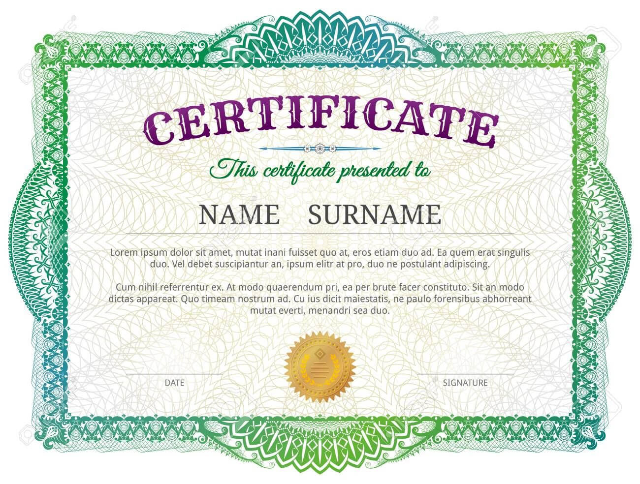 Certificate Template With Guilloche Elements. Green Diploma Inside Validation Certificate Template