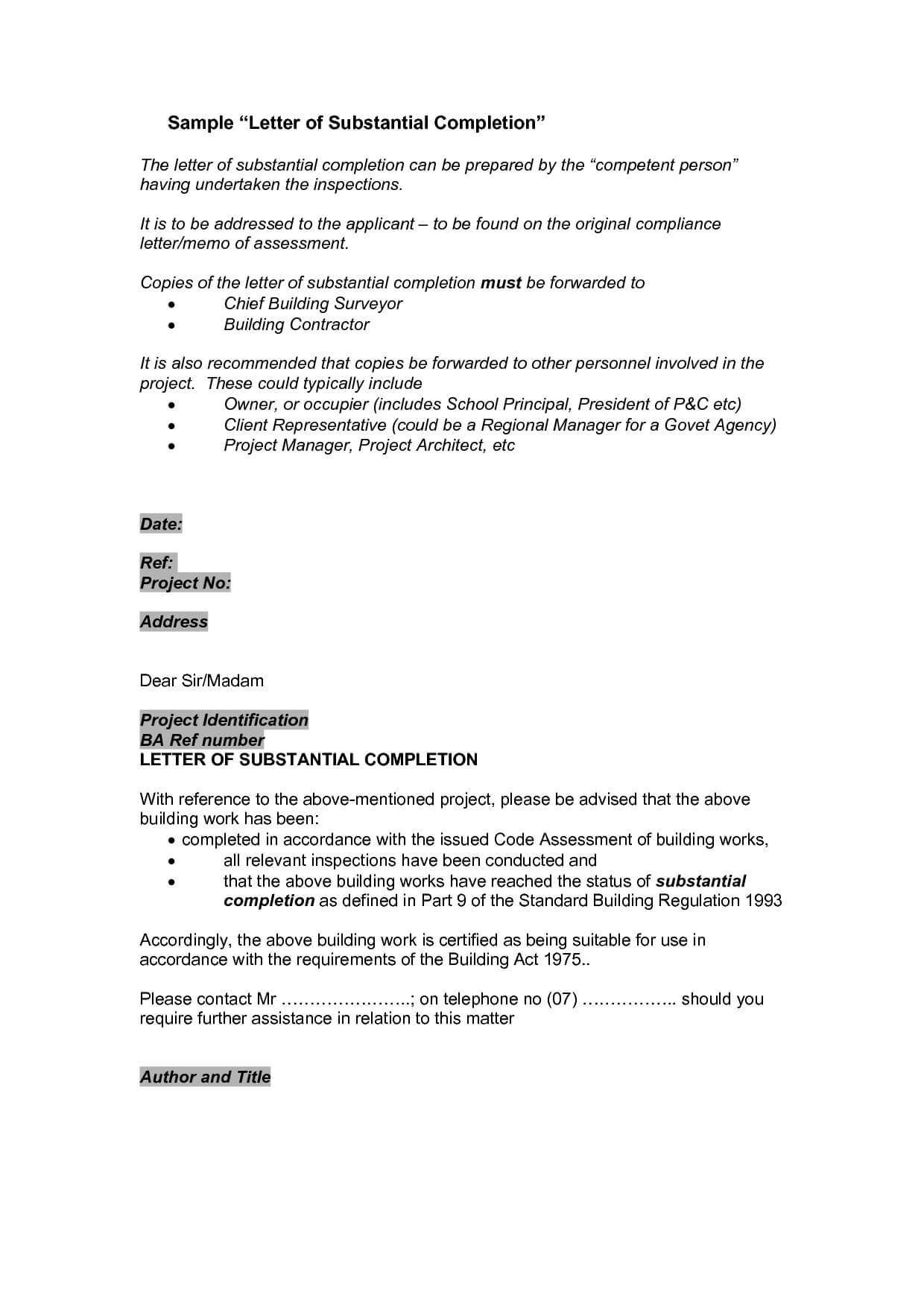 Certification Certificate Completion Construction Letter With Certificate Of Substantial Completion Template