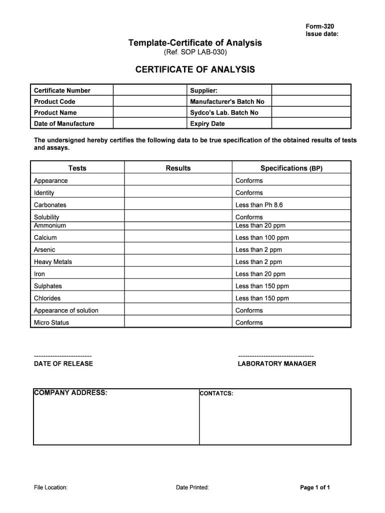 Certification Of Analysis Template – Fill Online, Printable Throughout Certificate Of Appearance Template
