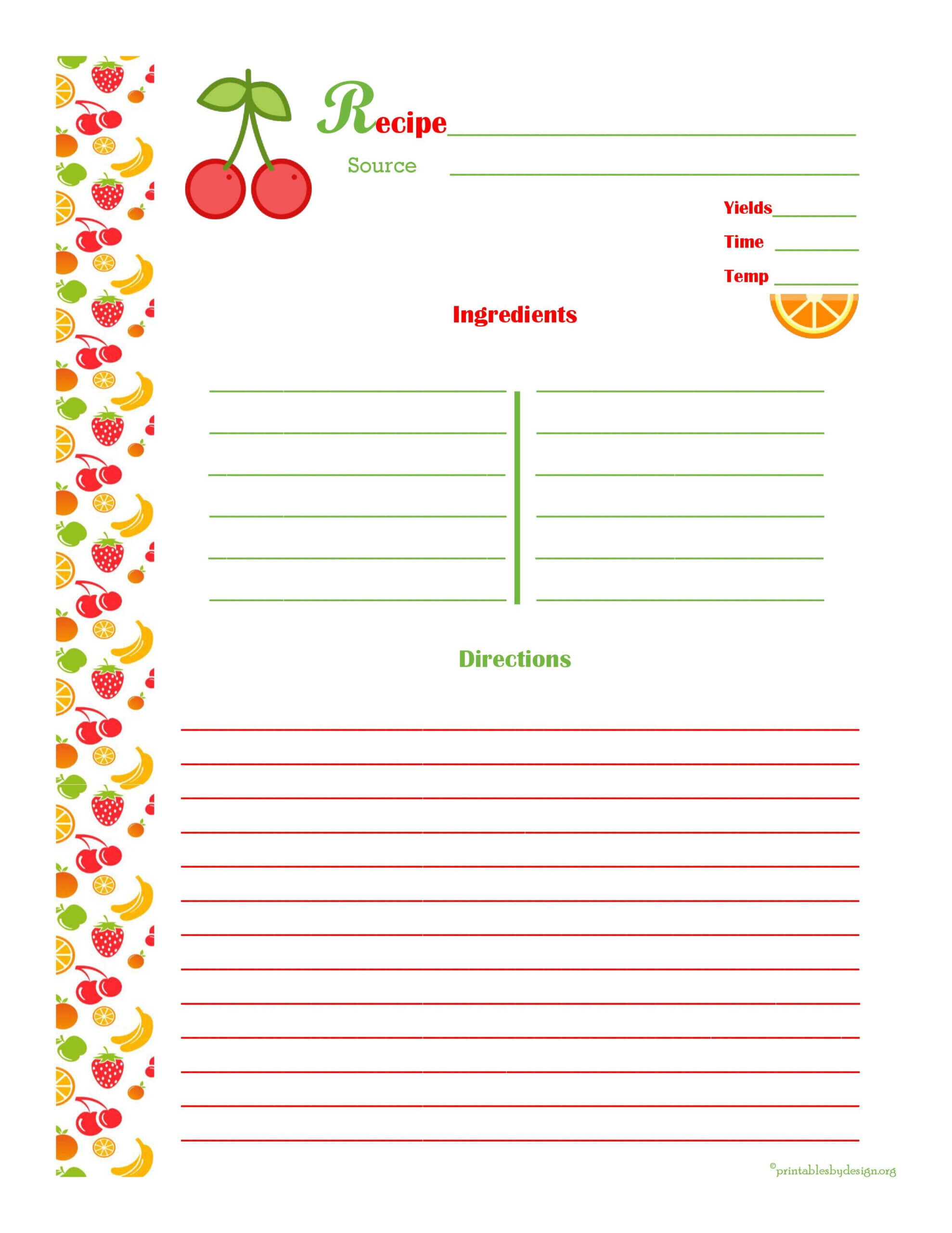 Cherry & Orange Recipe Card – Full Page | Printable Recipe With Regard To Microsoft Word Recipe Card Template