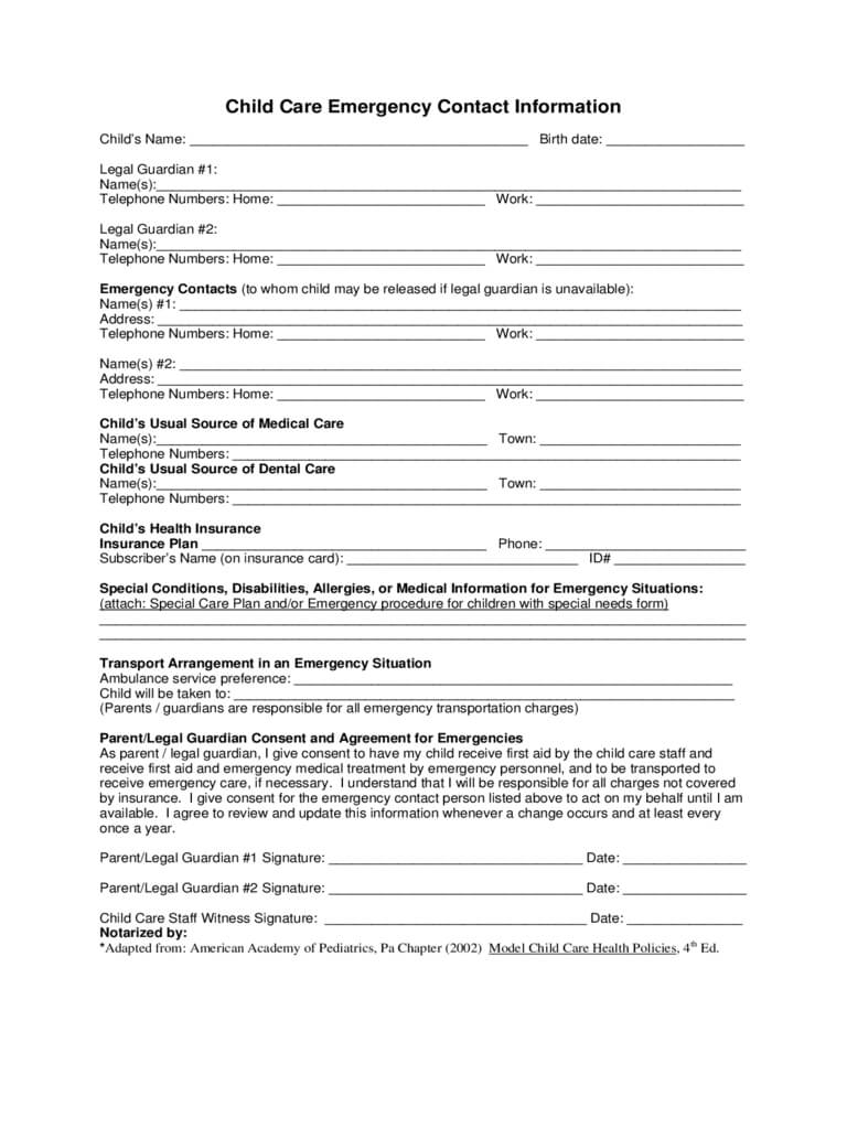 Child Care Emergency Contact Form – 2 Free Templates In Pdf Pertaining To Emergency Contact Card Template
