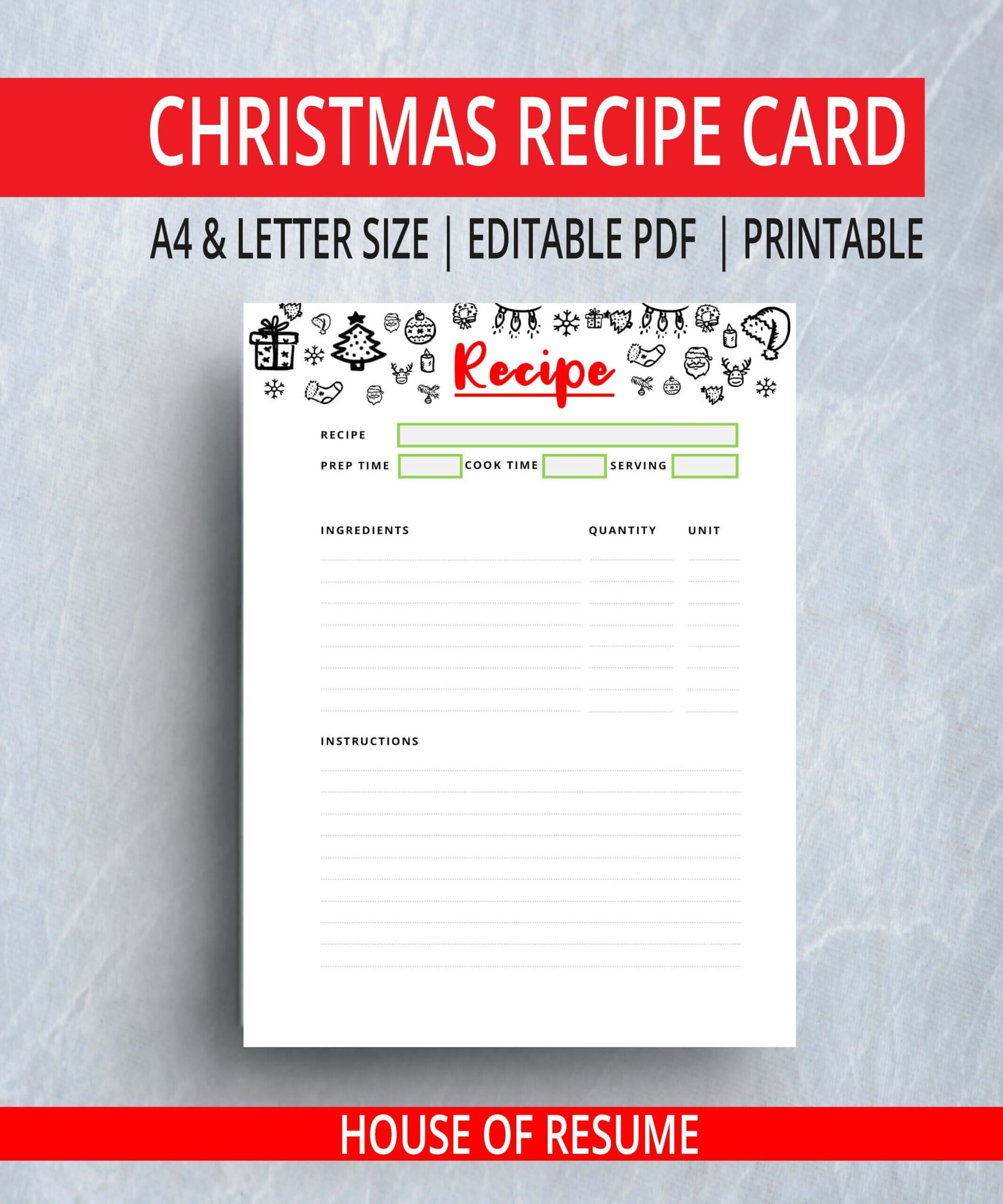 Christmas Recipe Card, Fillable Pdf, Recipe Template, Meal In Fillable Recipe Card Template