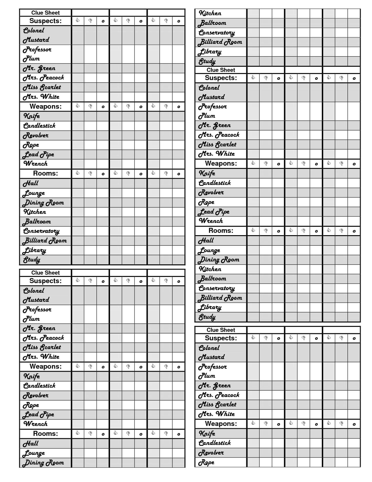 Clue Game Printable Score Sheets | Clue Games, Printable Throughout Clue Card Template