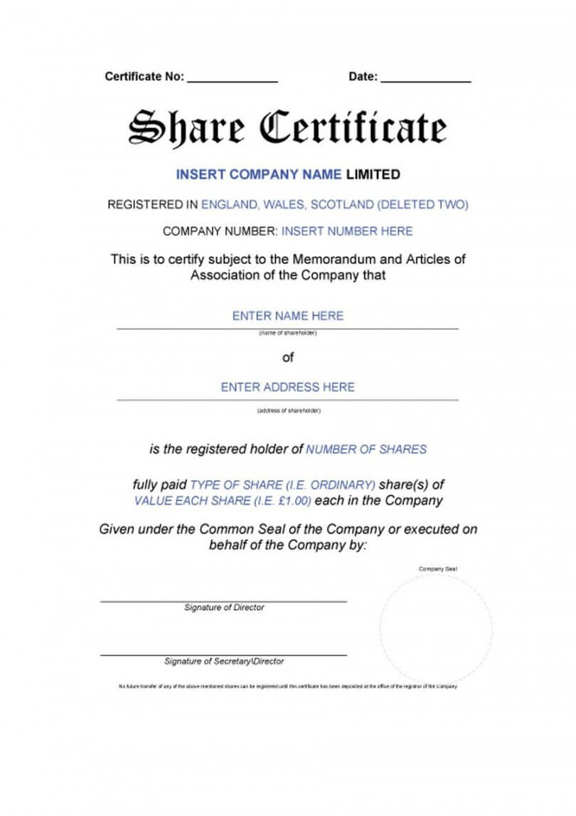 Company Stock Certificate Template Pertaining To Stock Certificate Template Word