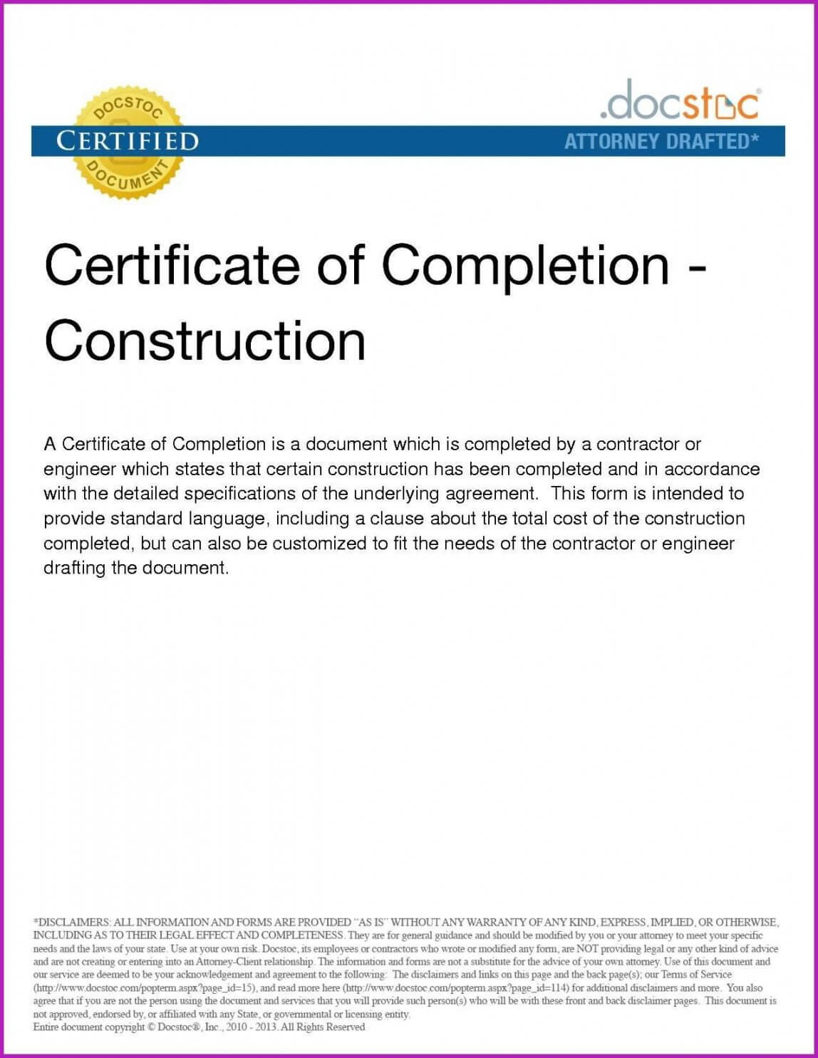 Construction Completion Certificate Template Intended For Certificate Of Completion Construction Templates