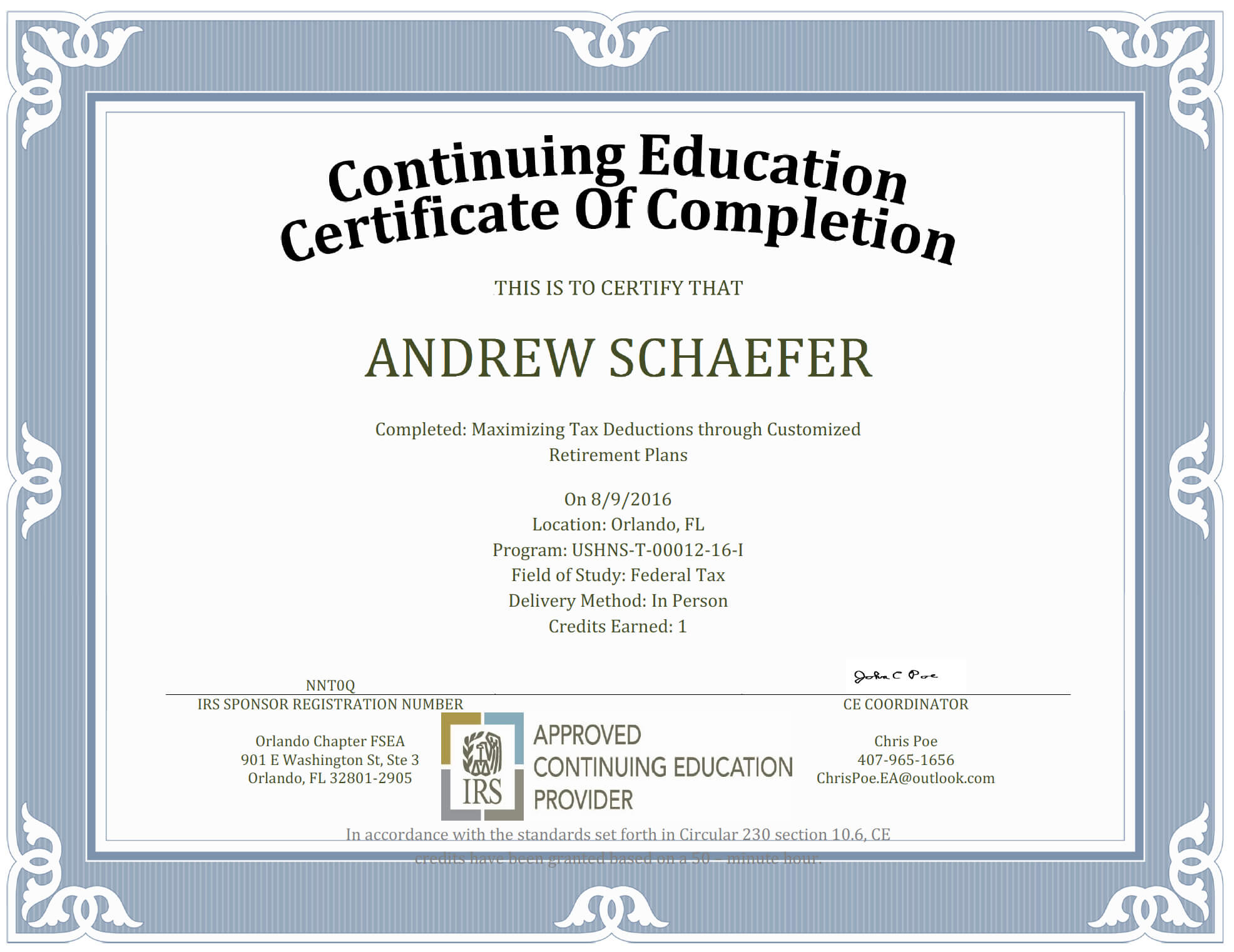 Continuing Education – Orlando Chapter Fsea For Continuing Education Certificate Template