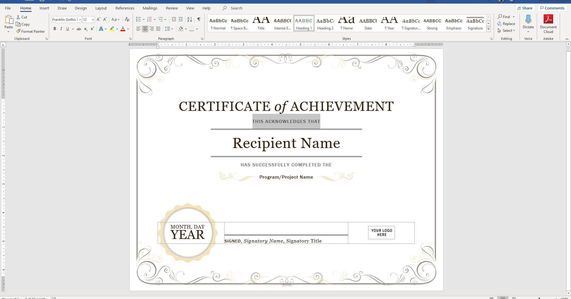 Create A Certificate Of Recognition In Microsoft Word Throughout Microsoft Office Certificate Templates Free